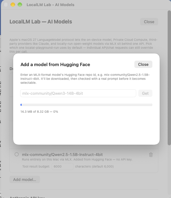 LocalLM Lab's Add Model dialog, downloading mlx-community/Qwen3-14B-4bit from Hugging Face — 14.3 MB of 8.32 GB.