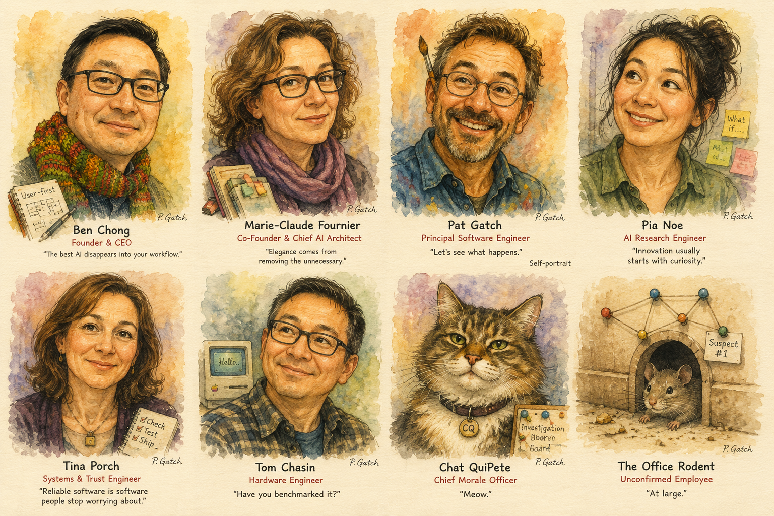 Watercolour gallery portrait of Ben Chong, Marie-Claude Fournier, Pat Gatch, Pia Noe, Tina Porch, Tom Chasin, Chat QuiPete, and the Office Rodent